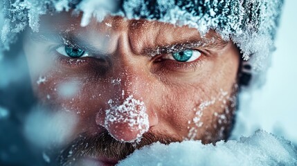 A rugged adventurer stares intensely into the camera, encapsulated in frost and snow, emphasizing the challenges and beauty of exploration in extreme conditions.