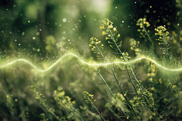 Field of yellow wildflowers is overlaid with digital soundwave, symbolizing concept of bioacoustic plant music in natural setting
