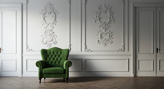Living room with antique stylish green armchair on luxury white wall design bas-relief stucco mouldings roccoco elements