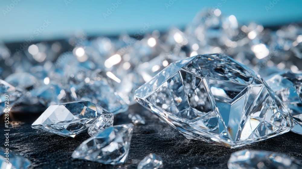 Poster an artistic display of sparkling diamonds scattered across a surface, reflecting light and creating 