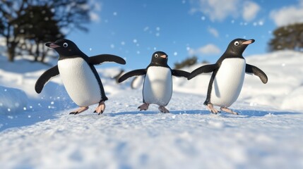Obraz premium Three adorable penguins waddle playfully across a snowy landscape under a bright blue sky.