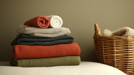 Neatly folded colorful towels stacked beside wicker basket on neutral background