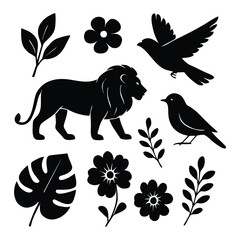 A collection of black animal silhouettes featuring a variety of wildlife and domestic animals including lions, elephants, birds, dogs, cats, deer, horses, and more. Designed in a clean, bold, and vers