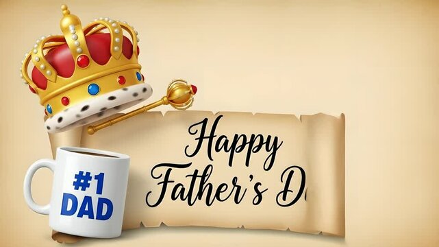 Happy Father's Day message! A crown, scepter, and #1 Dad mug celebrate the special day. Perfect for greeting cards, social media, and family celebrations, Royalty, best dad.