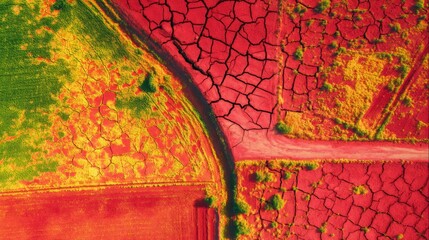 Aerial thermal view of cracked dry farmland highlighting heat effects