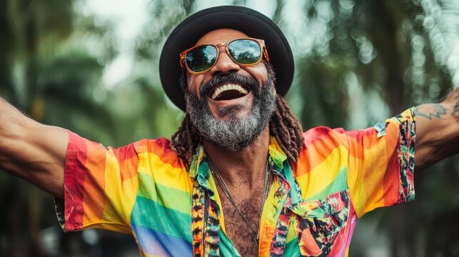 A lively and charismatic portrait of a man wearing a vibrant rainbow shirt and sunglasses, exuding happiness and confidence in a tropical setting. A true celebration of life.