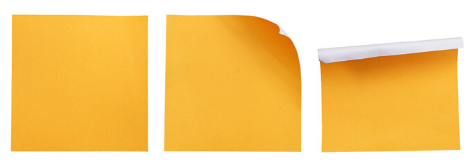 Set collection of blank yellow paper stickers mock up in square shape isolated on transparent background