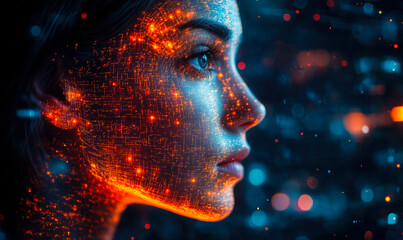 Futuristic female profile with glowing orange digital data grid overlay and blue cybernetic skin texture in high tech abstract background