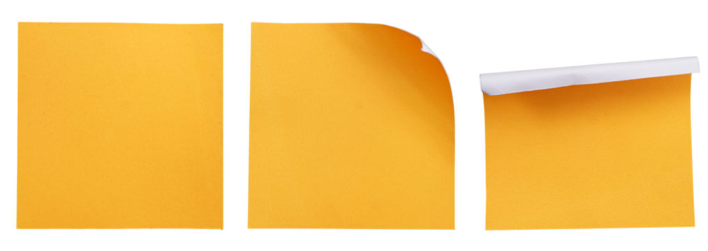 Set collection of blank yellow paper stickers mock up in square shape isolated on transparent background