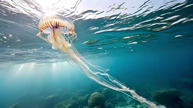 A jellyfish glides effortlessly through the deep blue sea, its translucent tentacles pulsing gently as sunlight filters down in shimmering beams, tiny fish darting around it in the vast, tranquil unde