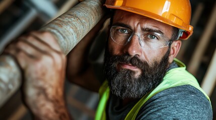 A determined construction worker, wearing a hard hat and glasses, grips a pipe, reflecting dedication to safety and craftsmanship in the construction industry.