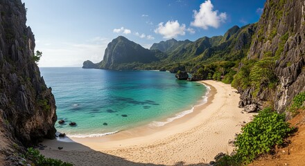 Beautiful tropical beach with crystal clear water surrounded by lush green mountains