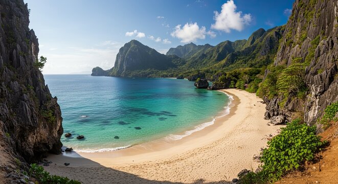 Beautiful tropical beach with crystal clear water surrounded by lush green mountains