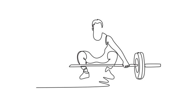 Animated self drawing of continuous line draw sportsman doing deadlift for weightlifting training, exercise and intense workout. Athlete with equipment for wellness. Full length single line animation