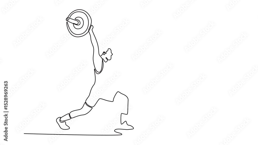 Poster animated self drawing of continuous line draw side view of fit muscular man training lunges with bar