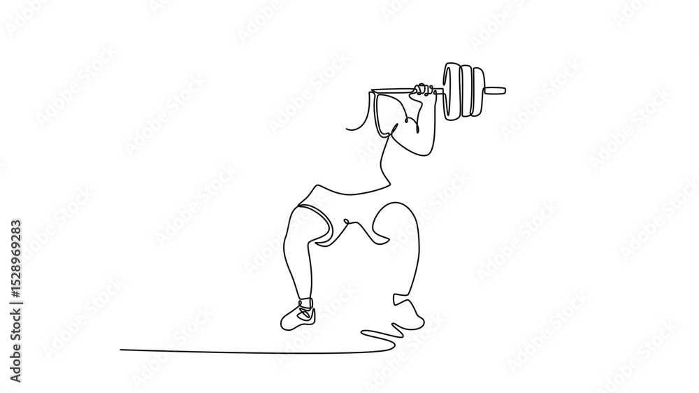 Poster animated self drawing of continuous line draw front view strong bodybuilder doing squats and lifting