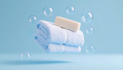 White towel with a bar of soap on top of it. The image has a light and airy feel to it