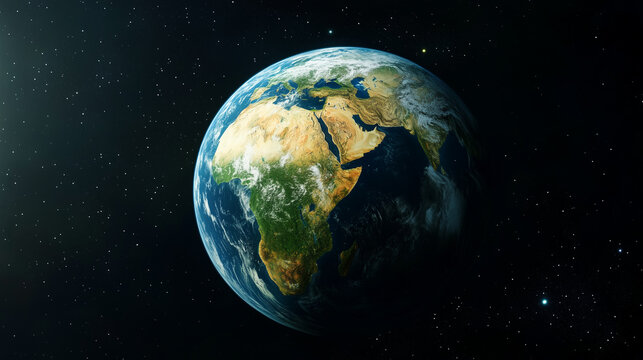 Stunning view of Earth from space showing Africa, Europe, and the Middle East, illuminated by sunlight—symbolizing global unity, environmental awareness, and the beauty of our shared planet
- Powered by Adobe