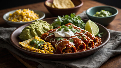Fototapeta premium Delicious Mexican cuisine: Enchiladas and tacos, colorful and appetizing meal.