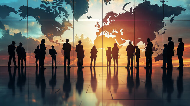 Silhouettes of a global business team standing before a world map at sunrise, symbolizing international collaboration, unity, and the power of global connection in the modern digital era

