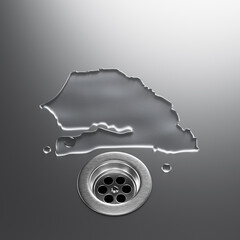 Senegal Water Map With Drainage Metal Sink Save Water. 3D Illustration