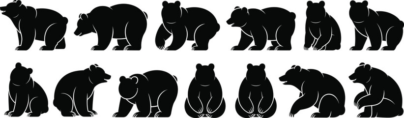 Diverse Bear Silhouettes: Standing, Sitting, and Walking Bear Figures, Perfect for Wildlife, Nature, Animal, and Outdoor-Themed Designs