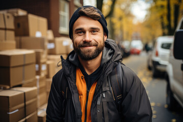 A cheerful young man in a warm jacket and beanie stands in an urban environment, radiating positivity and an inviting spirit against a backdrop of autumn leaves and parcels.
