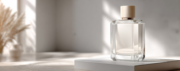Minimalist perfume bottle elegantly placed on simple white surface, surrounded by soft natural light, creating serene and sophisticated atmosphere