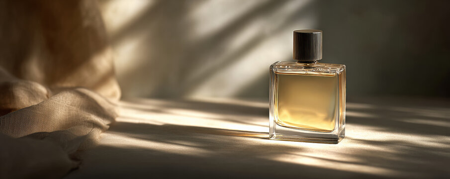 Minimalist perfume bottle elegantly placed on soft surface, illuminated by gentle light, creating serene and sophisticated atmosphere. shadows add depth and intrigue to scene