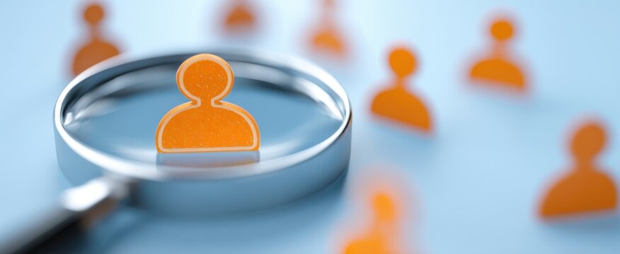 The magnifying glass highlighting a distinctive orange figure among several people icons. - Powered by Adobe