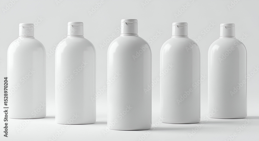 Poster four blank, white plastic bottles with caps, arranged in a studio setting. empty containers ready fo