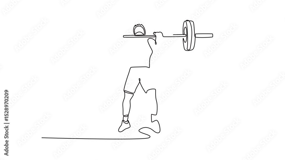 Poster animated self drawing of continuous line draw front view fit man lifting barbell working out at gym.