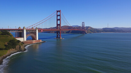 Naklejka premium Golden Gate Bridge Stretching Over Calm Bay Waters on a Clear Blue Day
