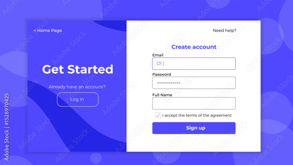 Wall mural register page layout. sign up form templates with ux elements. minimalistic registration screen for 