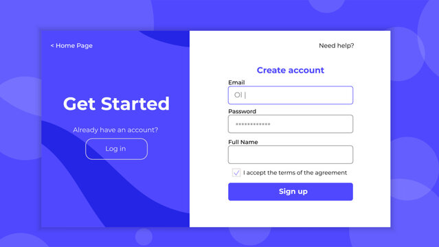 Register page layout. Sign up form templates with ux elements. Minimalistic registration screen for desktop.