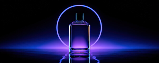 Sleek glass perfume bottle illuminated by vibrant cyan and purple backlights, creating captivating and modern aesthetic. soft glow enhances elegance of bottle against dark background