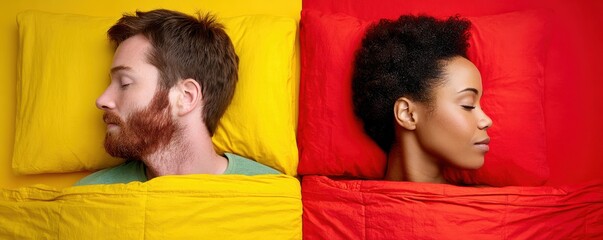 Sleep cycle disruption style. Two people in bed, separated by colorful pillows, contemplating.