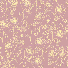 An elegant vector pattern with swirling vines and stylized floral elements in beige on a soft mauve background. This seamless design evokes a vintage, ornamental feel