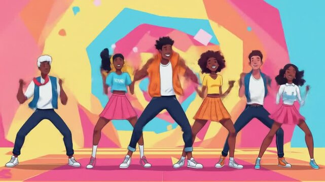 Group of Young People Dancing Together Joyfully Cartoon Style