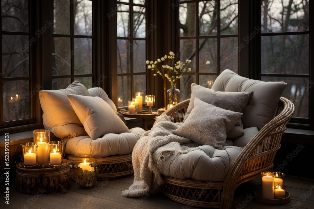 Poster a beautifully arranged seating area illuminated by soft candlelight, creating a tranquil and invitin