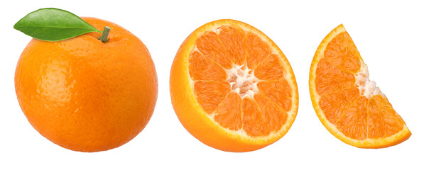 Orange fruit with leaves, slices and half isolated, transparent PNG, PNG format, collection,...
