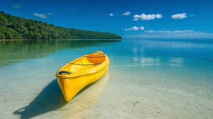 Yellow kayak in calm turquoise water near tropical beach.