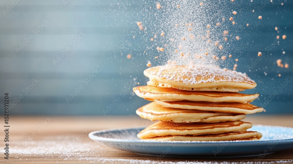 Poster a delightful stack of fluffy pancakes topped with a dusting of powdered sugar, capturing the essence