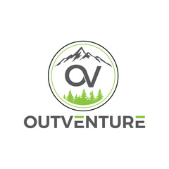 Outventure logo featuring bold mountain peaks, trees, and a dynamic outdoor vibe—perfect for adventure, travel, hiking, and camping brands. Symbolizes freedom and exploration.
