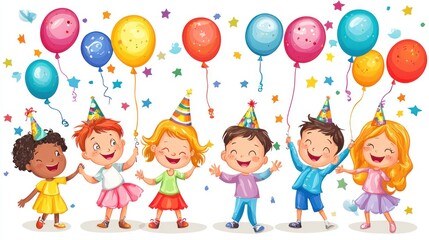 Children holding balloons and party hats, celebrating a birthday party.