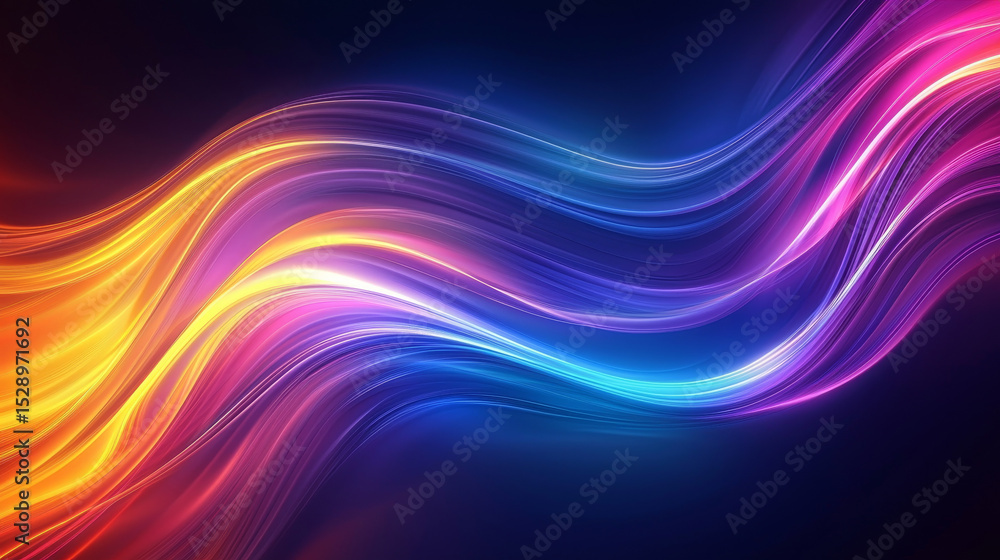 Poster vibrant abstract waves of light creating a dynamic and colorful swirling motion on a dark gradient b