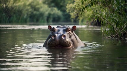 Hippopotamus in Shallow River