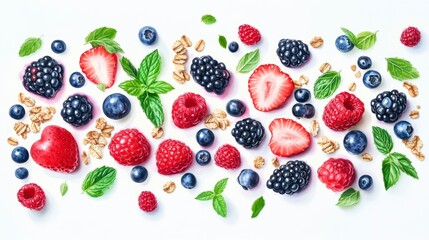 Fresh berries, oats, and mint leaves arranged artistically on white background.