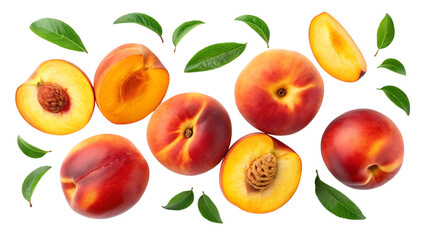 Fresh peaches with green leaves isolated on transparent background