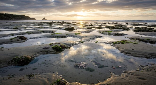 Dramatic coastal landscape featuring tidal pools and a starfish under a cloudy sunset sky.